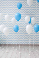 Balloons On  Wood Floor With Blue And White Chorven Background Photo Shopbackdrop